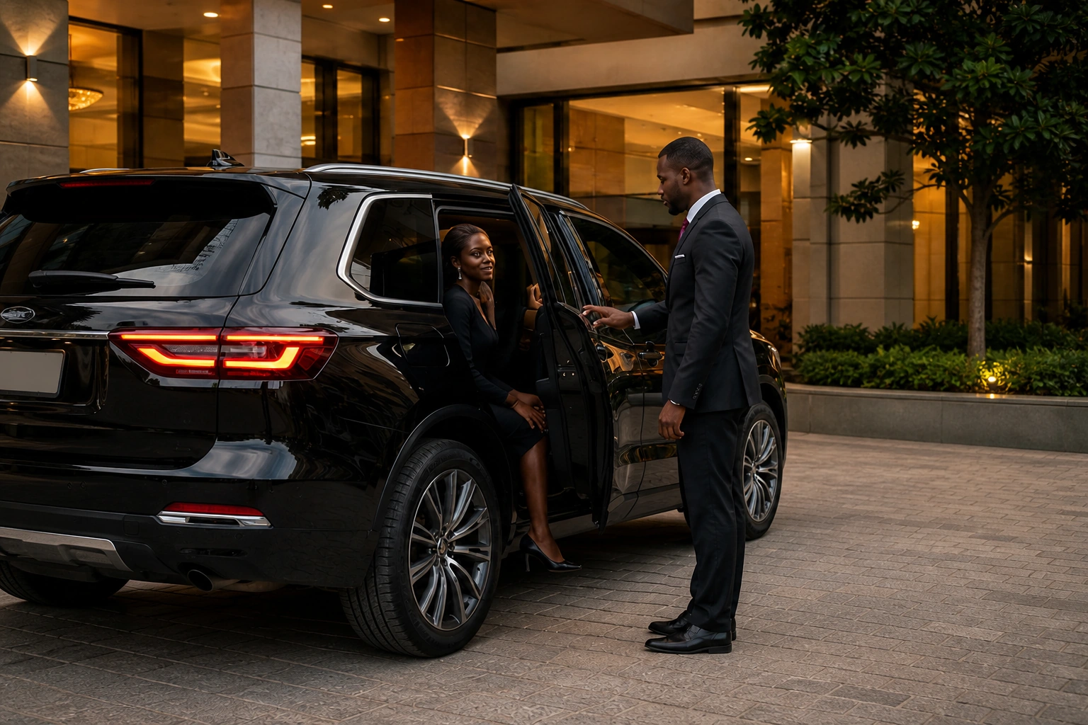 Professional chauffeur assisting a passenger from a premium black SUV
